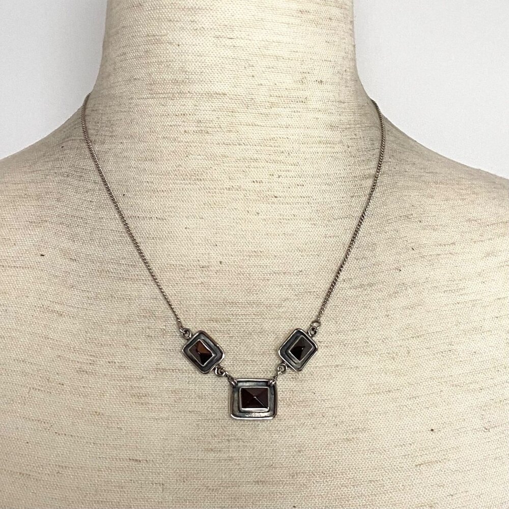 Sterling Silver 925 Rectangular Bezel Set 3 Stone Garnet Necklace 17.5" Chain